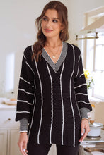 Load image into Gallery viewer, Colorblock Striped V Neck Knitted Loose Sweater