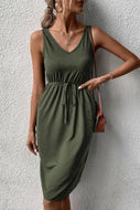 Olive Drawstring Sleeveless Dresd