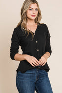 Black Rib Knit Button Front Top