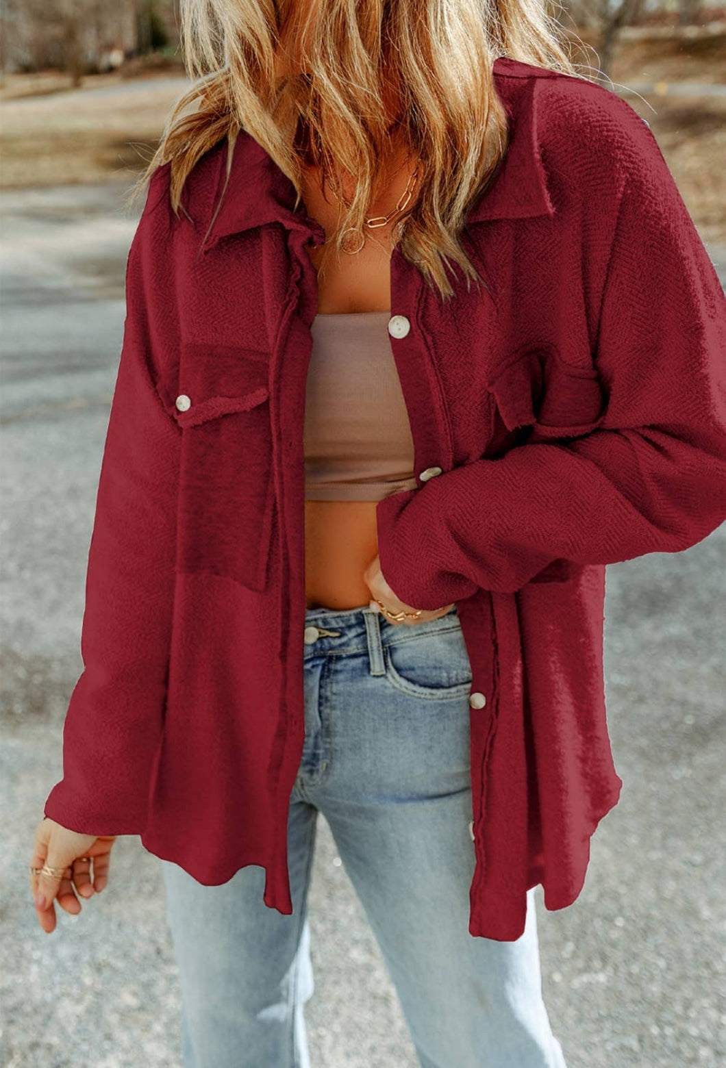 Red Shacket with Contrast Pockets