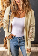 Apricot Crochet Lace Sleebe Ribbed Knit Cardigan