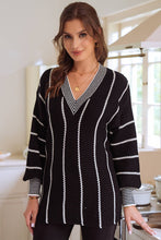 Load image into Gallery viewer, Colorblock Striped V Neck Knitted Loose Sweater
