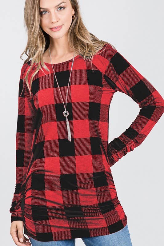 BUFFALO PLAID TOP WITH RUCHING