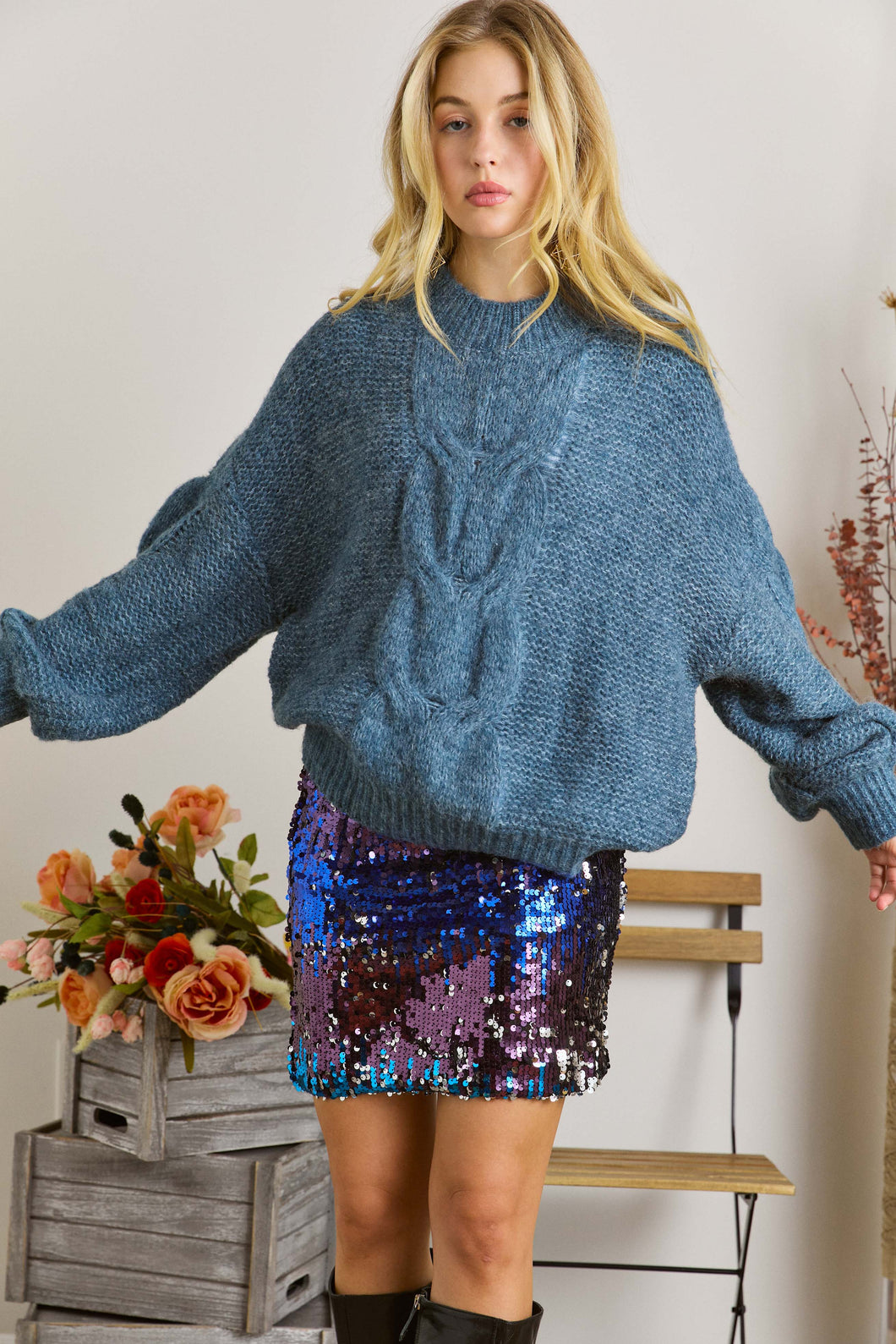 OCEAN BLUE CABLE KNIT SWEATER