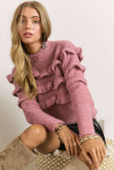 ROSE COLORED RUFFLE CREW NECK SWEATER