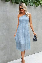 Load image into Gallery viewer, One Shoulder Light Blue Midi Dress
