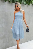 One Shoulder Light Blue Midi Dress