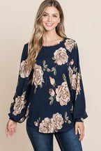 Load image into Gallery viewer, PUFF SLEEVE FLORAL NAVY TOP
