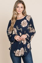 Load image into Gallery viewer, PUFF SLEEVE FLORAL NAVY TOP
