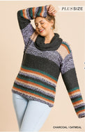 Striped Fuzzy Knit Cowl Neck Sweater Char/Oatmeal