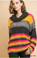 Striped Fuzzy Knit Cowl Neck Sweater Ash/Pink