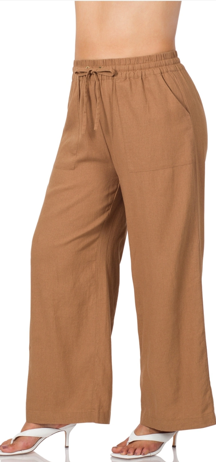 Camel LINEN DRAWSTRING PANTS WITH POCKETS