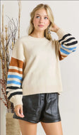 PLUS SIZE IVORY SWEATER W/ STRIPED SLEEVES