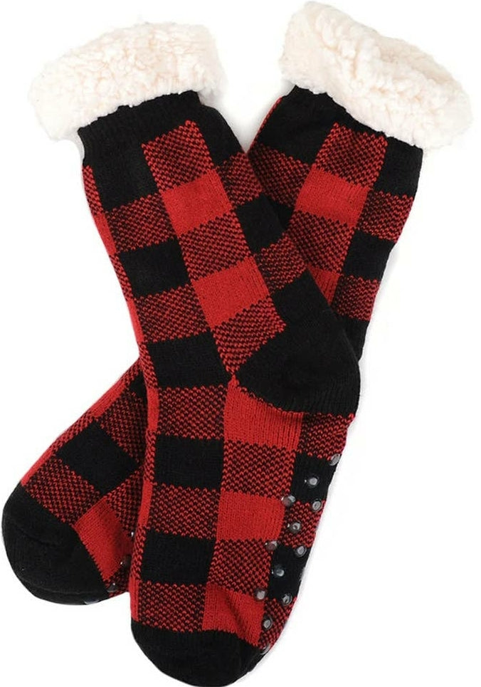 Red & Black Plaid Fleece Lined Sherpa Slipper Socks