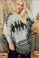 PLUS SIZE LONG SLEEVE GREY & BLACK CAPE w FRINGE