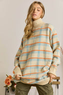 OATMEAL/CORAL PLAID TURTLE 🐢 NECK LONG SWEATER